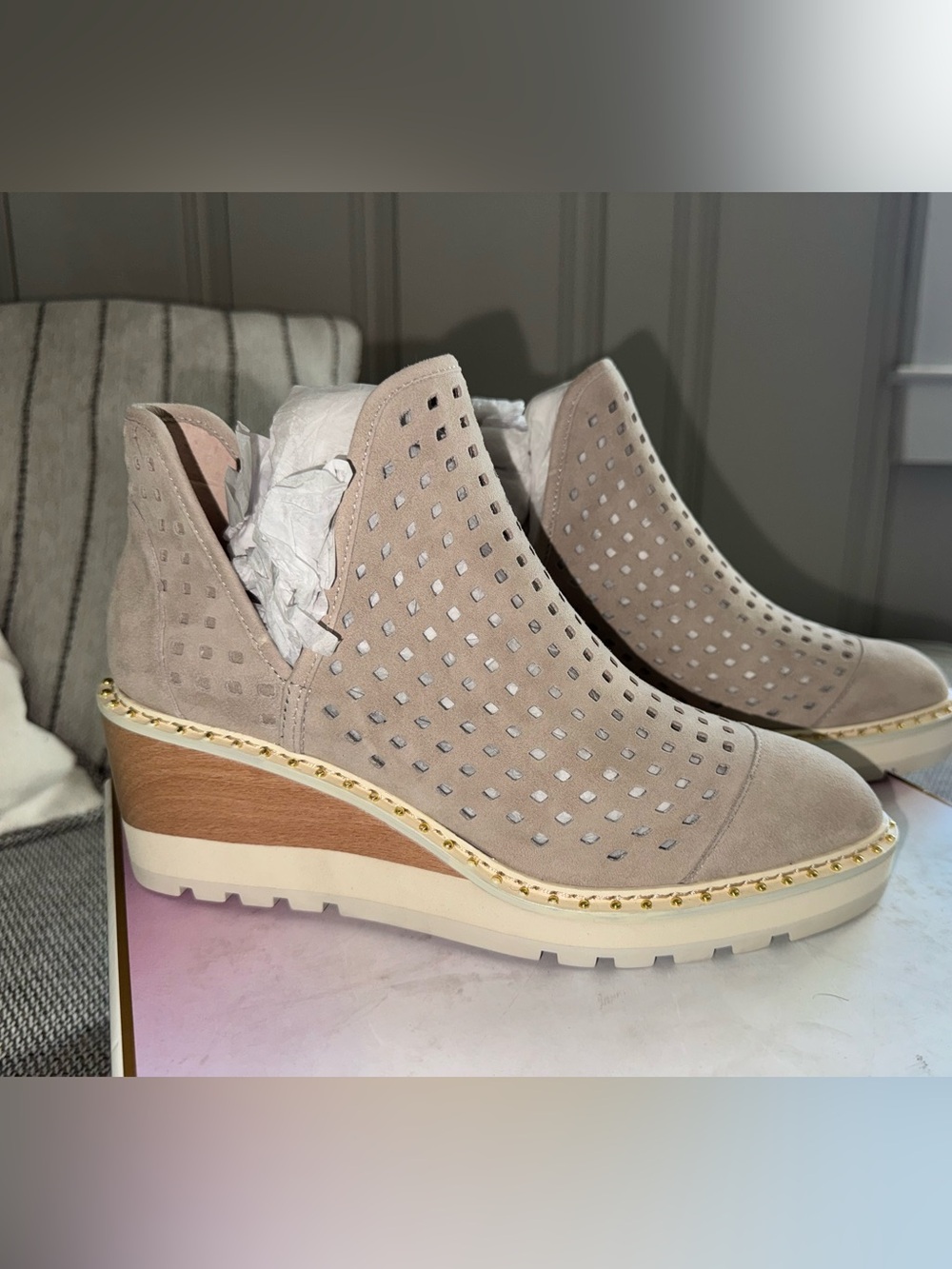 CECILIA NEW YORK Taupe Perforated Wedge Slip-On Mules with Gold Trim BRAND NEW